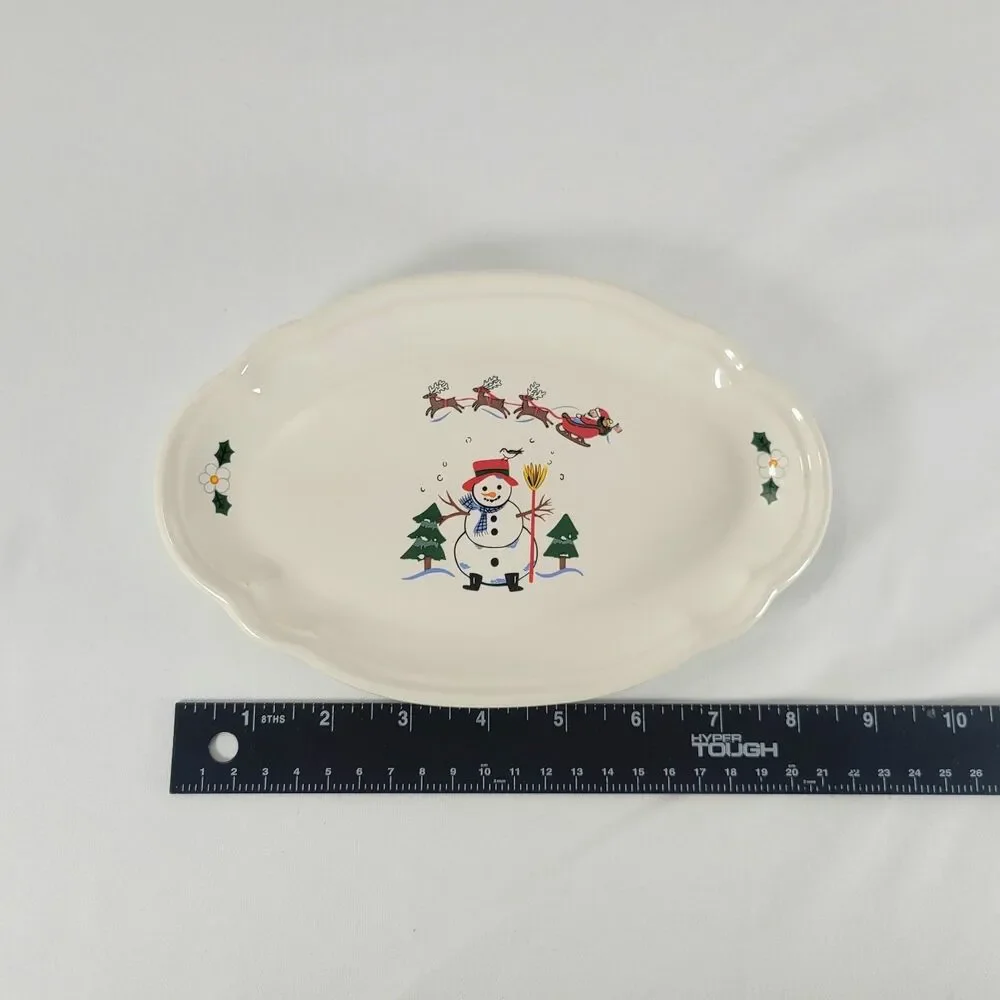Pfaltzgraff Snow Village Relish Oval Dish Plate Vtg Christmas Snowman Set of 6